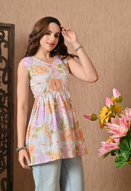 LIBOZA Peplum Cotton Tops for Woman, Stylish Sleeveless Short Kurti for Women on Jeans, Modern Design Top