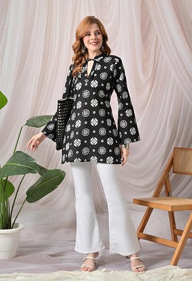Pure Cotton Flex Print Short Kurti Full Umbrella Sleeves- Black
