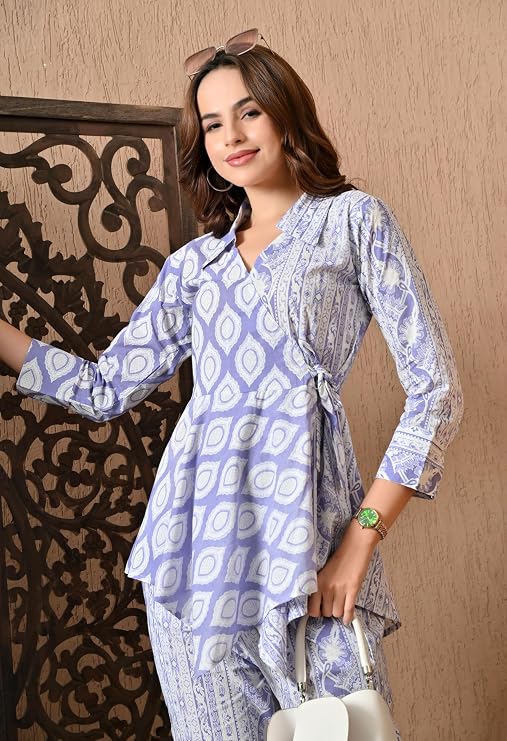 LIBOZA Women's Floral Print Cotton Angrakha Kurta with Pant Set – Stylish Ethnic Wear for All Occasions, Comfortable & Trendy Design