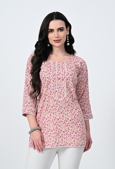 Jaipuri Round Neck Women's Tunic Design Kurta-Pink