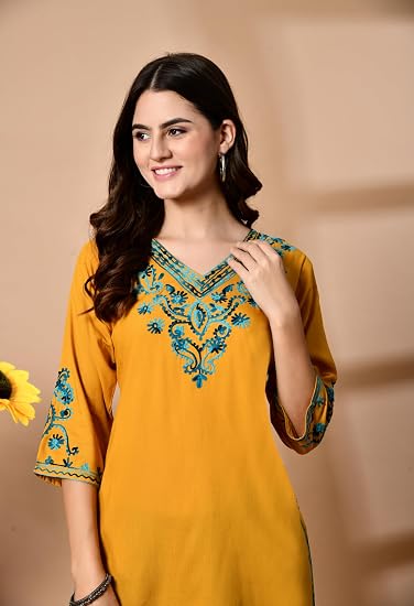 Embroidered Kashmiri Short Kurti -Mustard