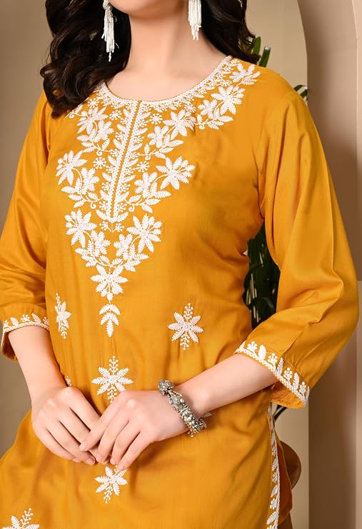 LIBOZA Women's Chikankari Embroidered Short Kurti, Rayon Fabric, Three-Quarter Sleeves, Available in Pink, Black, Mustard Yellow, White, Pista and Green