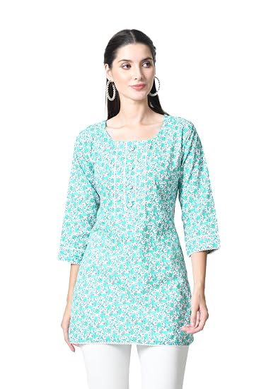 Jaipuri Round Neck Women's Tunic Design Kurta-Aqua Green