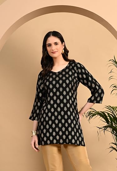 Rayon Cotton  Short Kurtis for Ladies-Black
