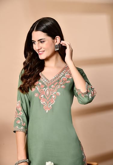 Embroidered Kashmiri Short Kurti -Pista