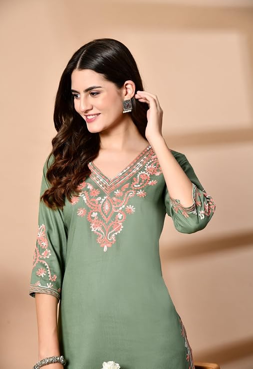 LIBOZA Embroidered Kashmiri Tunic Top, Short Kurti for Women on Jeans, V-Neck, 3/4 Sleeve, Floral Design,
