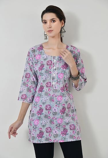 Pure Cotton Short Kurti for Women - Grey