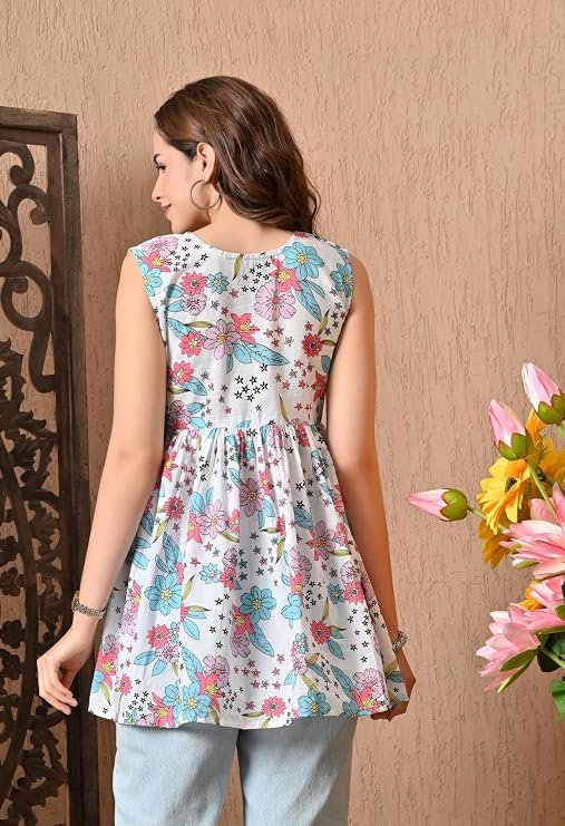 LIBOZA Peplum Cotton Tops for Woman, Stylish Sleeveless Short Kurti for Women on Jeans, Modern Design Top