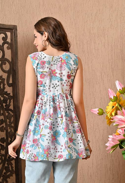 LIBOZA Peplum Cotton Tops for Woman, Stylish Sleeveless Short Kurti for Women on Jeans, Modern Design Top