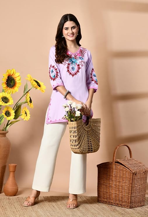 LIBOZA Embroidered Kashmiri Tunic Top, Short Kurti for Women on Jeans, V-Neck, 3/4 Sleeve, Floral Design,