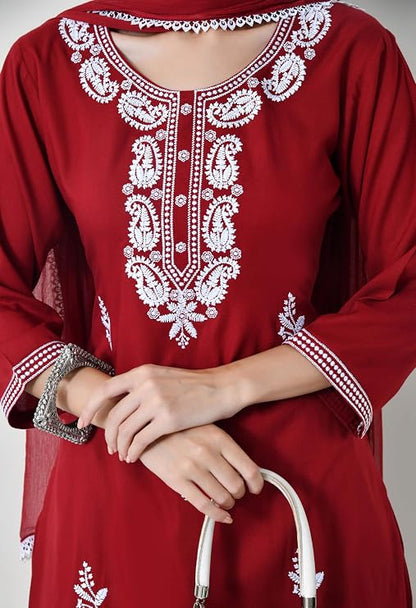 LIBOZA Chikankari Kurta Set for Women, Royon Cotton Straight Design Salwar Suit for Wedding, Diwali & Festival Kurti Pant With Dupatta, Suits Sets for Girls (IN, Alpha, 2XL, RED)