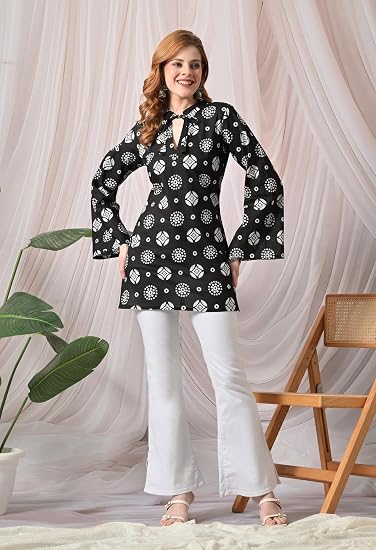 Pure Cotton Flex Print Short Kurti Full Umbrella Sleeves- Black