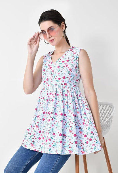 LIBOZA Peplum Cotton Tops for Woman, Stylish Sleeveless Short Kurti for Women on Jeans, Modern Design Top