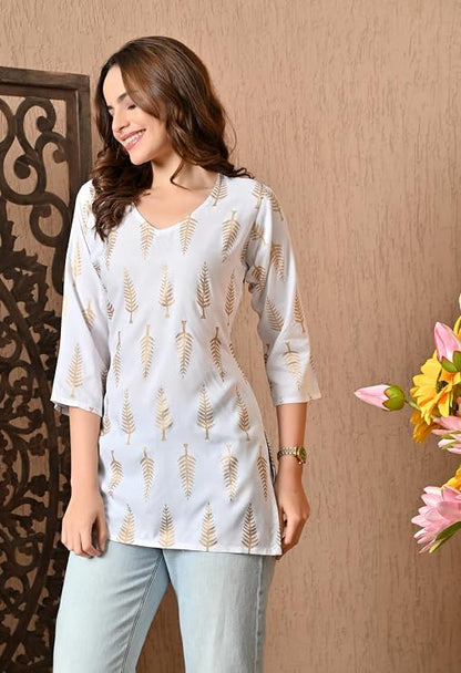 LIBOZA Short Kurti for Women for Jeans, Rayon Cotton Kurtis for Ladies, Gold Printed U Neck Women's Tunic Design Kurta, Top Floral Kurtas for Woman