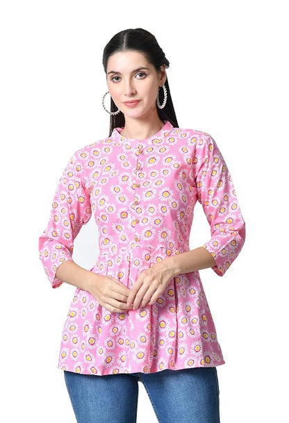 LIBOZA Women's Cotton Floral Print Box Pleated Kurti, Pink