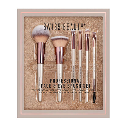 SWISS BEAUTY PROFESSIONAL FACE & EYE BRUSH SET - White 6 PIECE