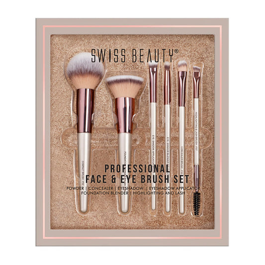 SWISS BEAUTY PROFESSIONAL FACE & EYE BRUSH SET - White 6 PIECE