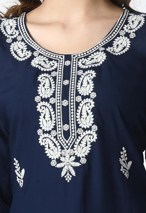 LIBOZA Kurta for Women – Embroidered Ladies Kurti, Stylish Girls Top, Ethnic Full Kurtas, Straight Design Kurtis for Woman Navy Blue
