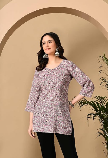 LIBOZA Cotton Short Kurti for Women Round Shape, Stylish Womens Kurtis Tunics Woman Kurta on Jeans | Shorts Tops Kurthis Top
