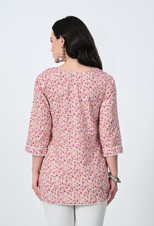 LIBOZA Short Kurti for Women for Jeans, Pure Cotton Kurtis for Ladies, Jaipuri Round Neck Women's Tunic Design Kurta, Fancy Top Floral Kurtas & Tunics for Woman