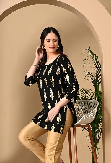 Gold printed Short Kurti for Women-Black