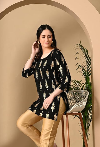 LIBOZA Short Kurti for Women for Jeans, Rayon Cotton Kurtis for Ladies, Gold Printed U Neck Women's Tunic Design Kurta, Top Floral Kurtas for Woman