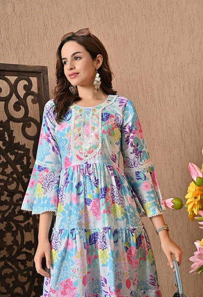 LIBOZA 100% Cotton Floral Print Tiered Midi Dress, Bell Sleeves, Lace Trim Detail, White and Multicolour for Women, Office, Party, All Occassions