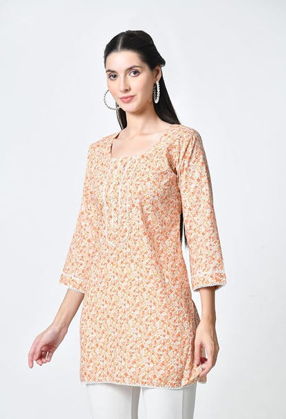 LIBOZA Short Kurti for Women for Jeans, Pure Cotton Kurtis for Ladies, Jaipuri Round Neck Women's Tunic Design Kurta, Fancy Top Floral Kurtas & Tunics for Woman
