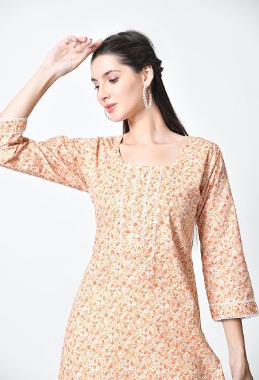 Jaipuri Round Neck Women's Tunic Design Kurta-Orange