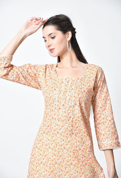 LIBOZA Short Kurti for Women for Jeans, Pure Cotton Kurtis for Ladies, Jaipuri Round Neck Women's Tunic Design Kurta, Fancy Top Floral Kurtas & Tunics for Woman