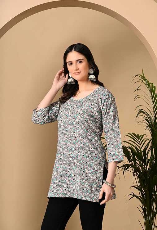 LIBOZA Cotton Short Kurti for Women Round Shape, Stylish Womens Kurtis Tunics Woman Kurta on Jeans | Shorts Tops Kurthis Top