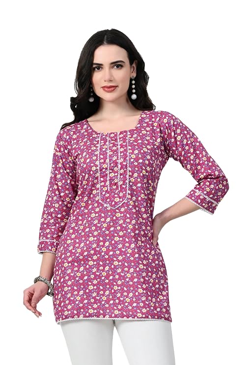 LIBOZA Short Kurti for Women for Jeans, Pure Cotton Kurtis for Ladies, Jaipuri Round Neck Women's Tunic Design Kurta, Fancy Top Floral Kurtas & Tunics for Woman