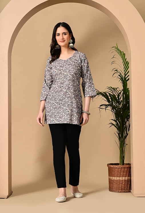 LIBOZA Cotton Short Kurti for Women Round Shape, Stylish Womens Kurtis Tunics Woman Kurta on Jeans | Shorts Tops Kurthis Top