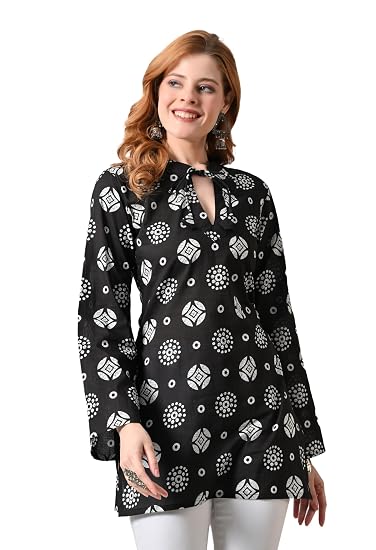 Pure Cotton Flex Print Short Kurti Full Umbrella Sleeves- Black