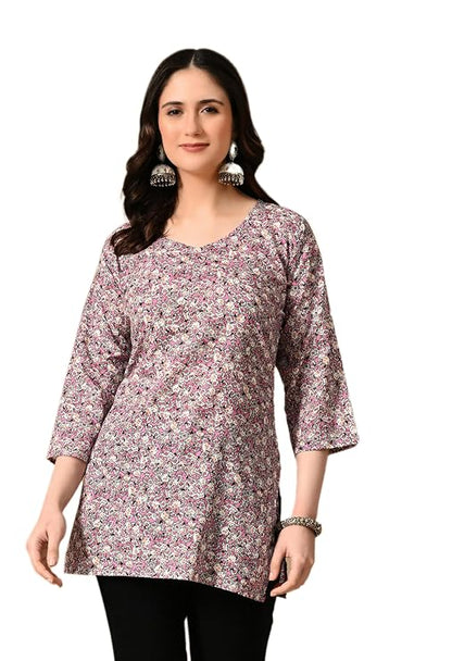 LIBOZA Cotton Short Kurti for Women Round Shape, Stylish Womens Kurtis Tunics Woman Kurta on Jeans | Shorts Tops Kurthis Top