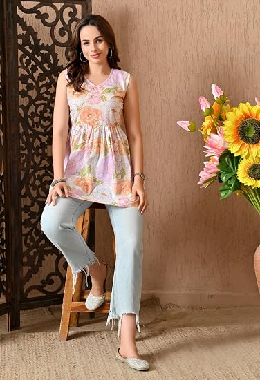 Peplum Cotton Short Kurtis for Woman-Orange