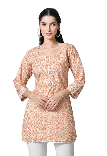 Jaipuri Round Neck Women's Tunic Design Kurta-Orange