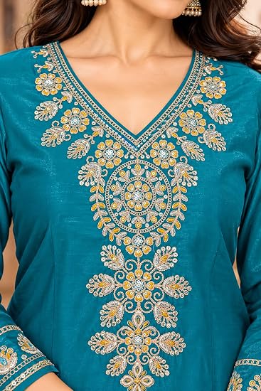LIBOZA Women Kurta Pant Set with Dupatta Roman Glass Fabric-Teal