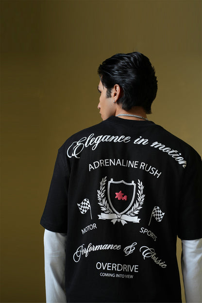 Adrenaline Rush Black Oversized Printed T-Shirt