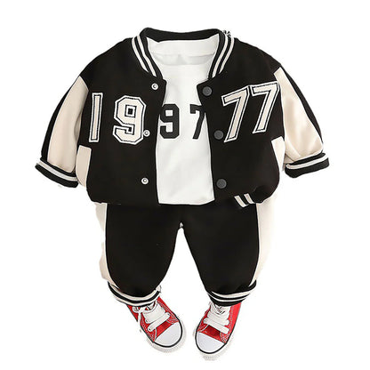 Black & White 1977 Designed 3 Pcs Varsity Jacket Styled Track Suit Set For Toddlers And Kids