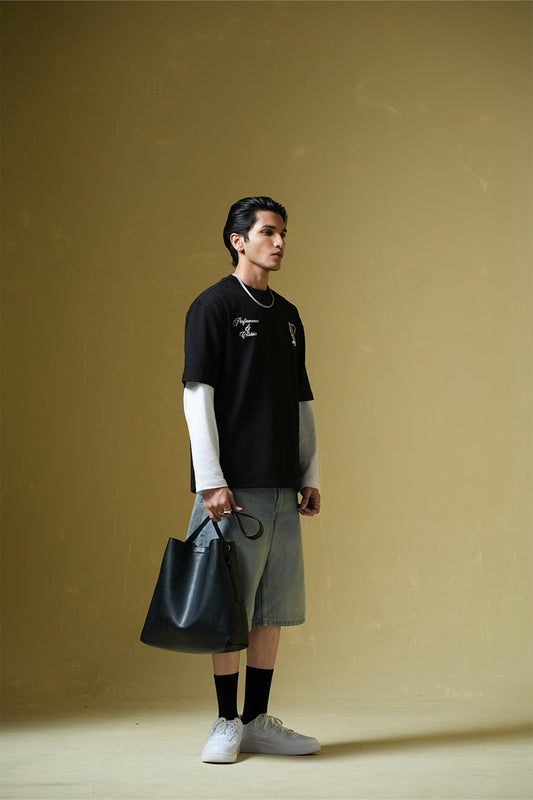 Adrenaline Rush Black Oversized Printed T-Shirt