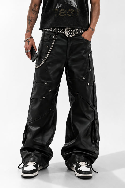 Black Faux Leather Studded Cargo Pants | Trendzila