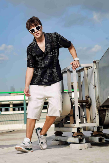 Linen Blend Black Korean Notched Lapel Collar Resort Shirt