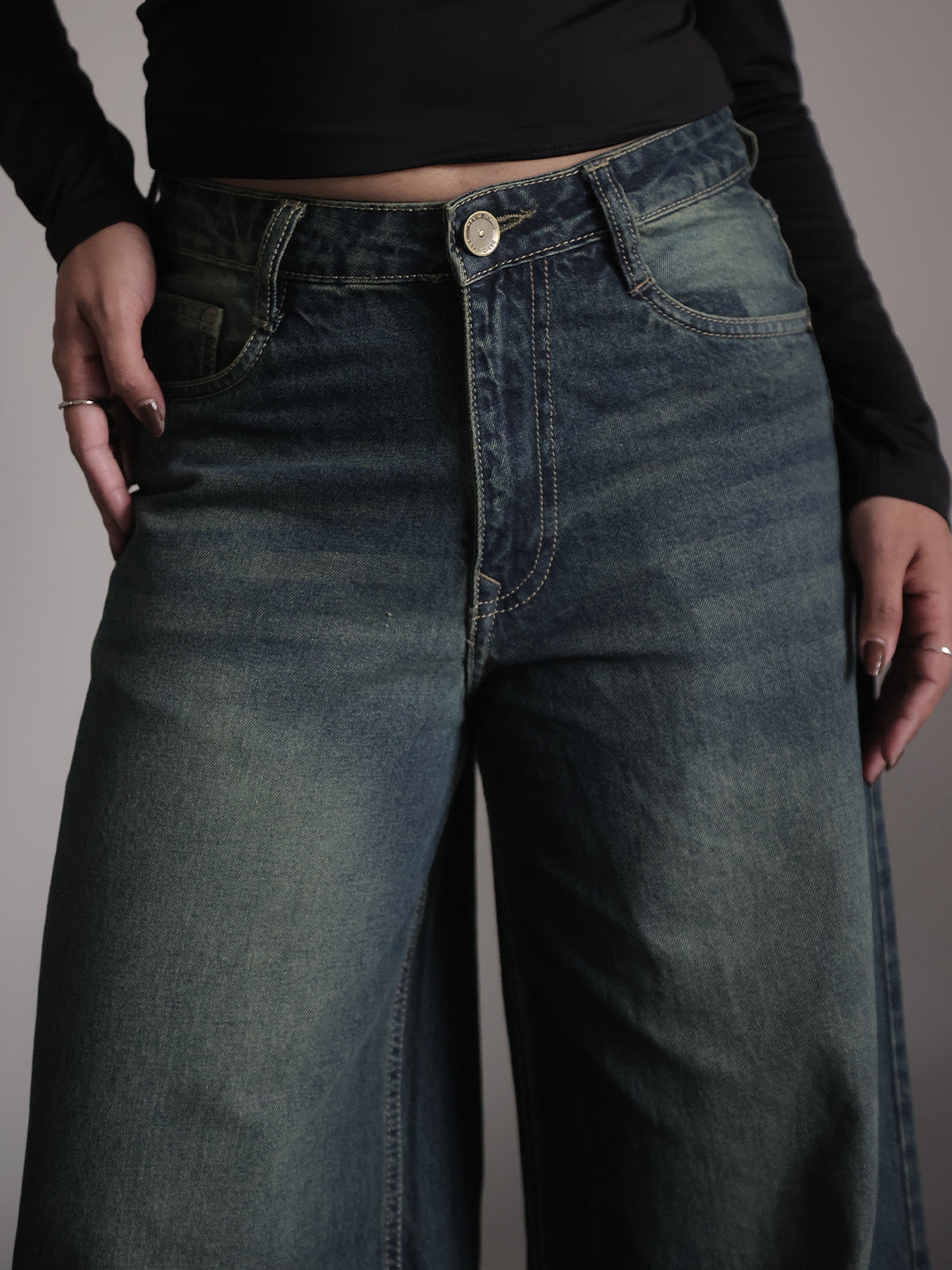 Retro Street Blue Tinted Wide Leg Jeans