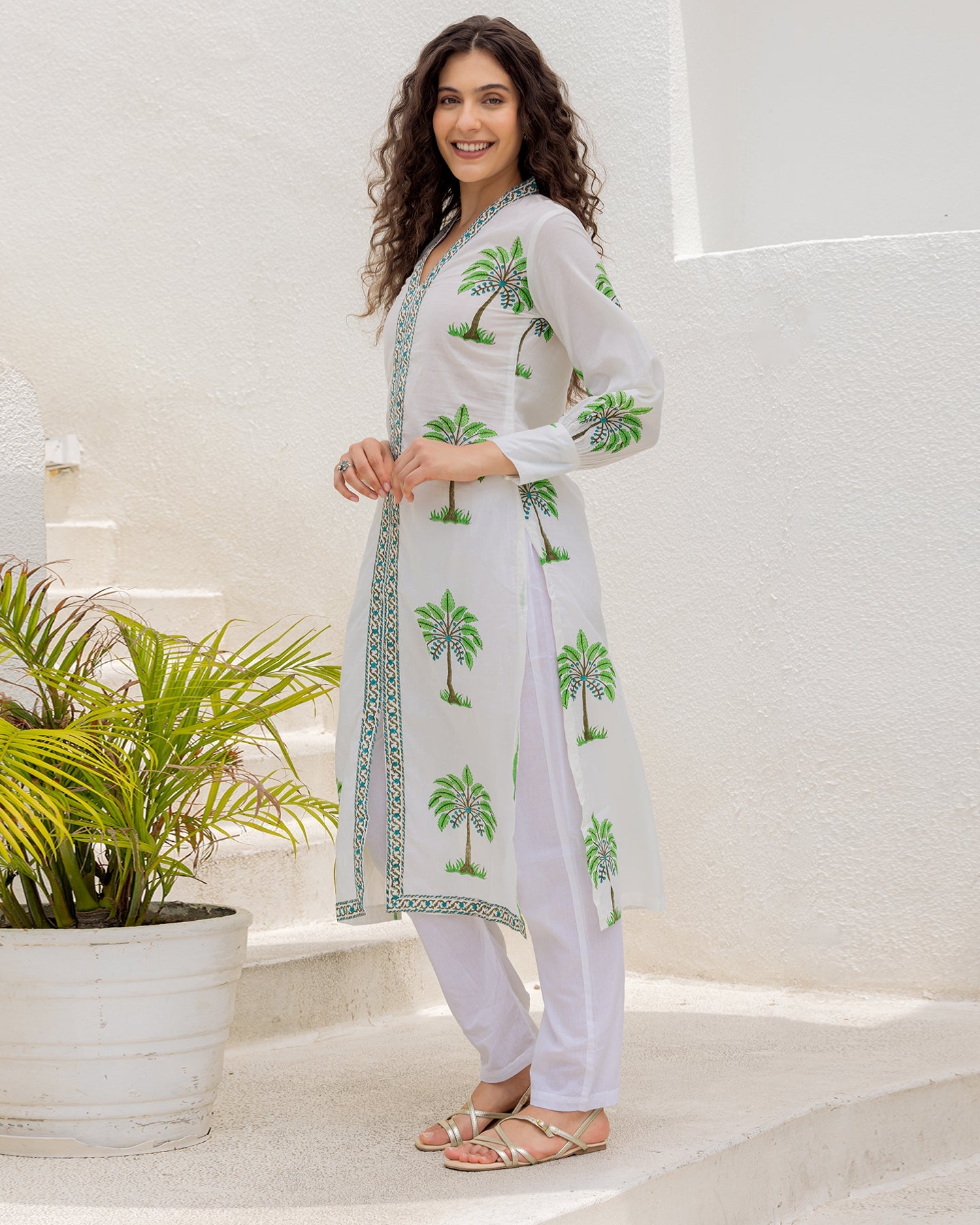 White Green Handblock kurta set