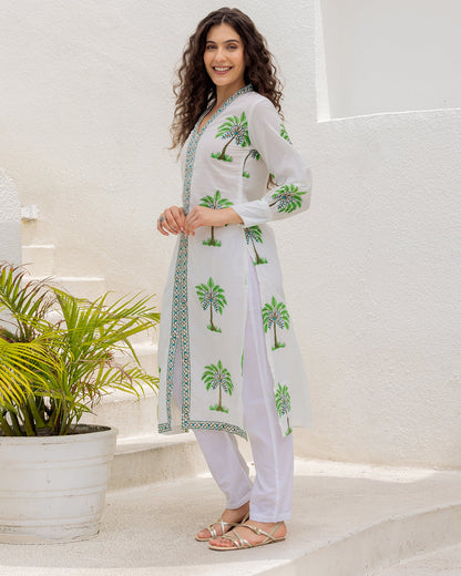 White Green Handblock kurta set