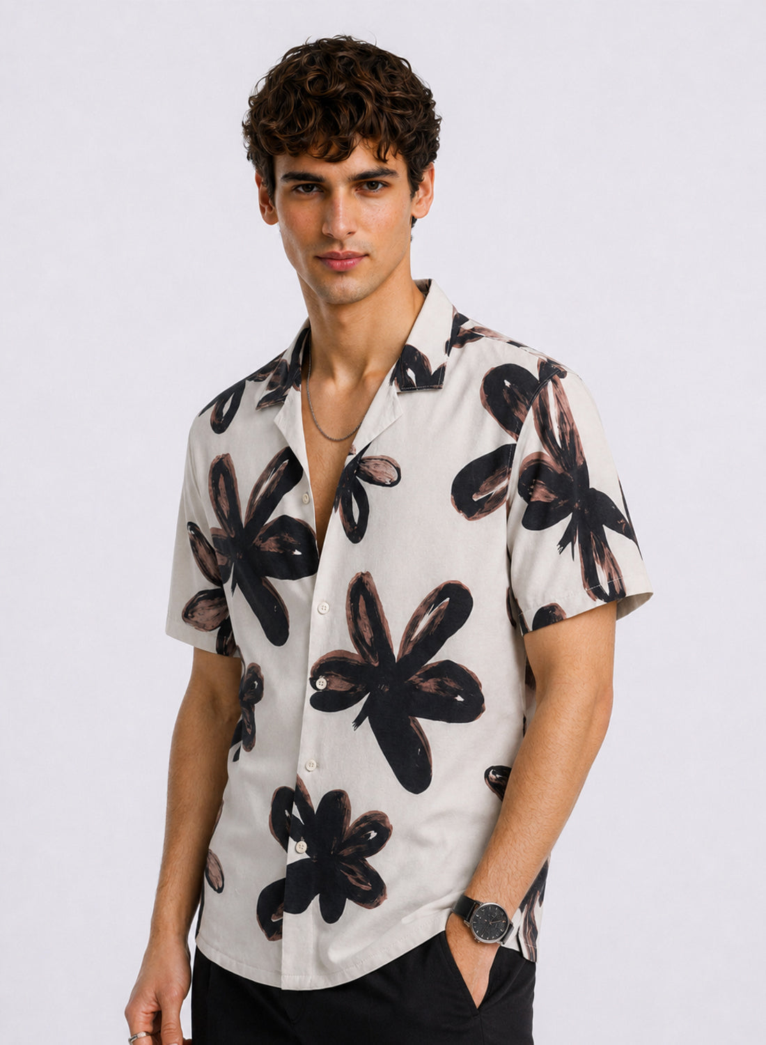 Adro Noir Bloom Relaxed Fit Cuban Collar Floral Printed Cotton Nylon Shirt