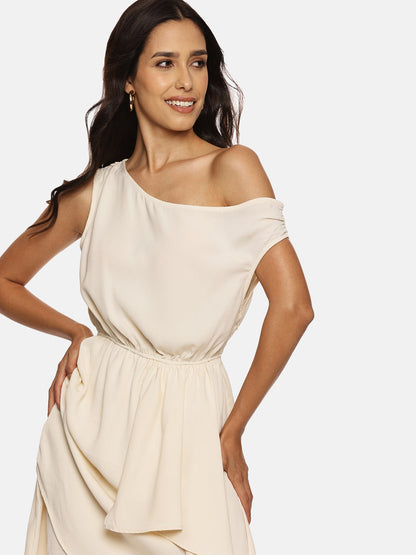 IS.U Solid Off-White Ruffle Dress