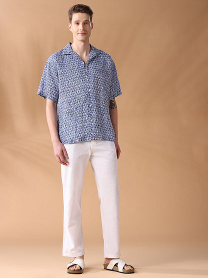 Navy Blue Regular Fit Printed Casual Shirt for Men (ALUAR)