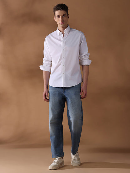 White Regular Fit Solid Casual Shirt for Men (LEONA)